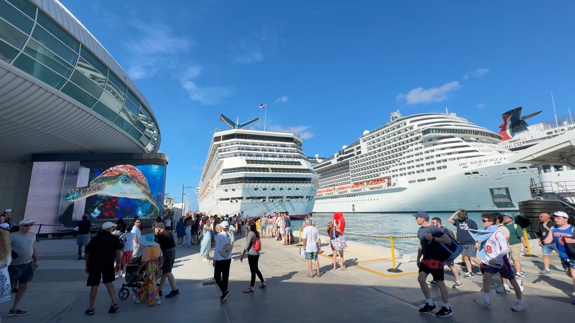 Ocean cruise ships and travelers at a sunny port