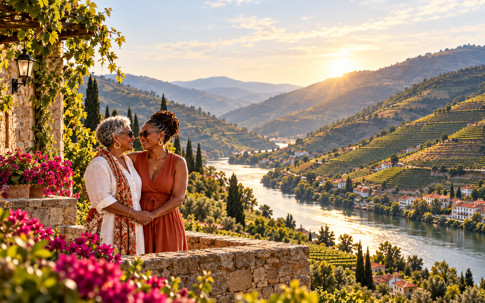 Douro Valley vineyard and river scene with a same-gender couple