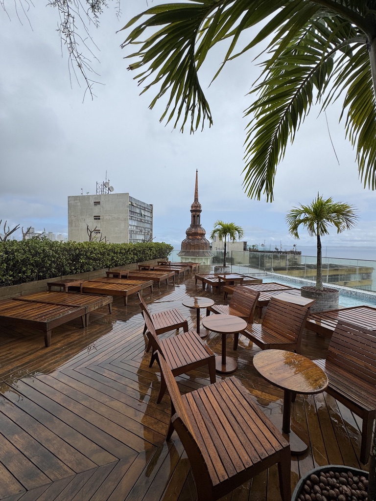 A rooftop terrace with wooden seating and palms overlooking the sea